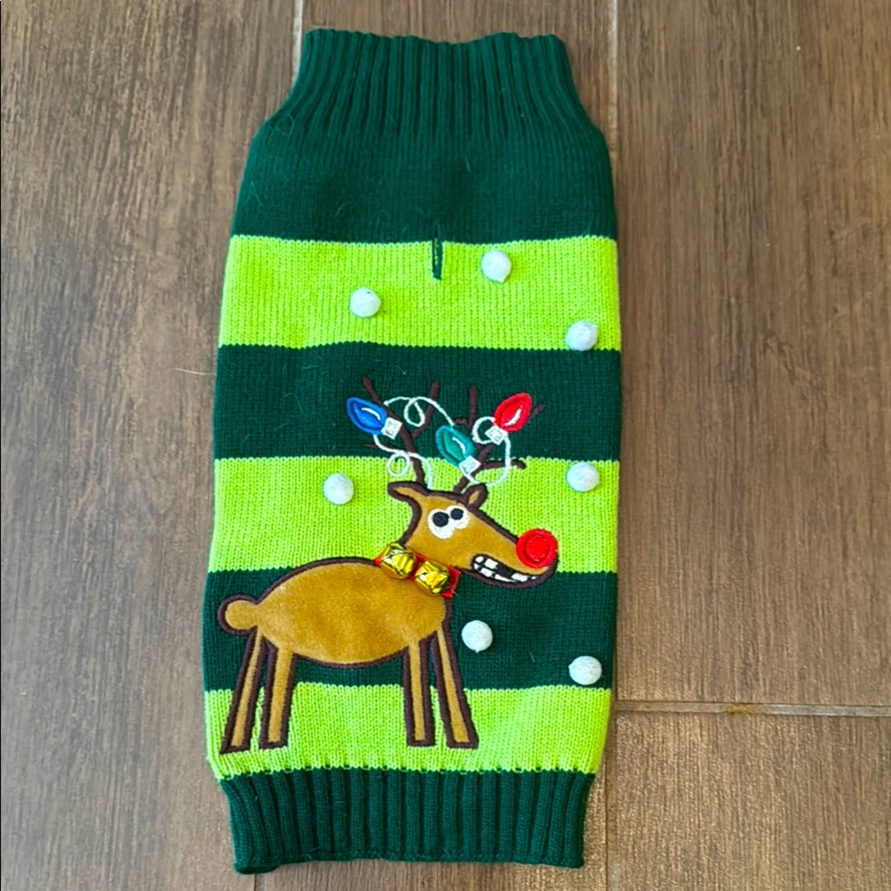 Green Striped Reindeer Dog Sweater. BRAND NEW. Size Medium.